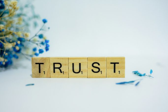 Wooden tiles spelling "TRUST" surrounded by decorative blue flowers.